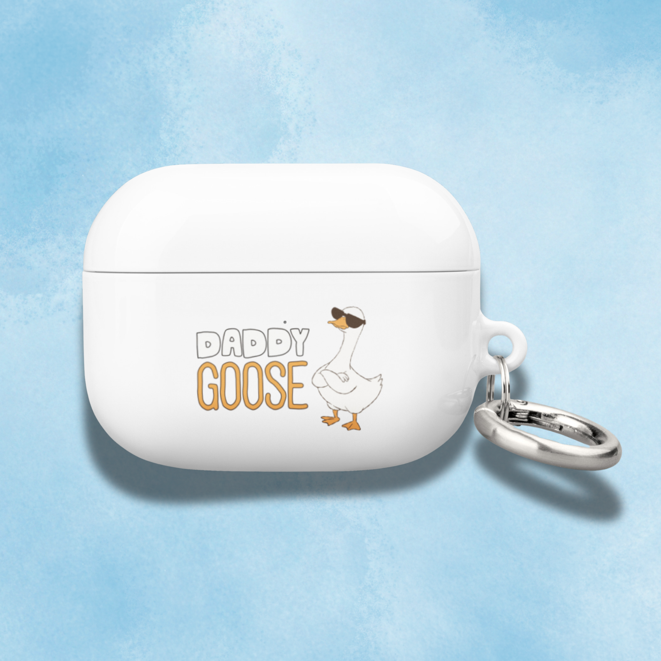 White air pod case with 'Daddy Goose' design on a light blue background