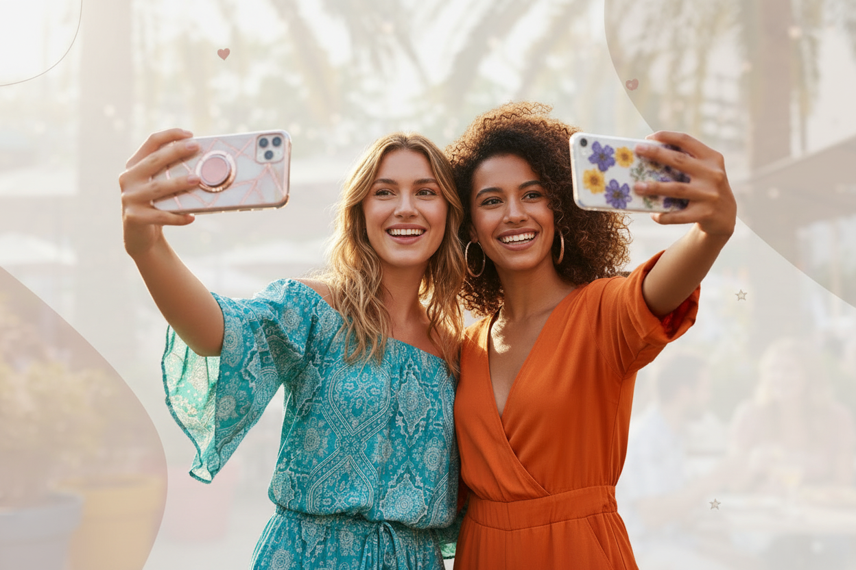Two girls taking a selfie with a themed background